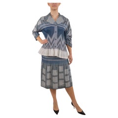 1990S Issey Miyake Mixed Blues Pleated Poly/Cotton Skirt And Jacket Ensemble