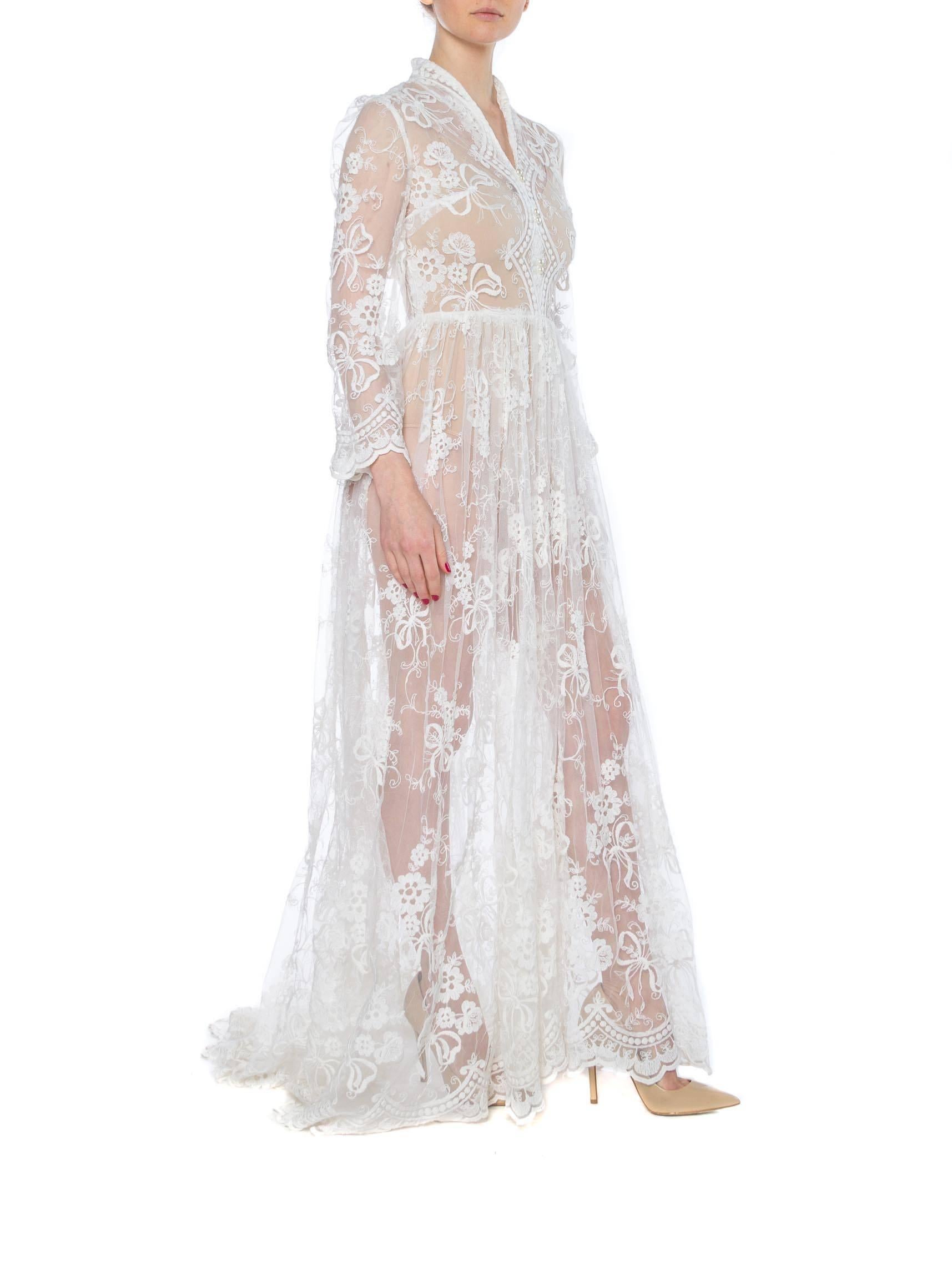 Floral Embroidered Net Lace Dress with Sleeves In Good Condition In New York, NY