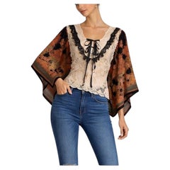 MA Red & White Silk Lace Vintage 1970s Valentino Kimono Sleeve Top