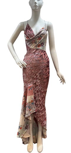 MORPHEW ATELIER – Lila, blumiges Muster, japanischer Seidenvelours, schräg geschnitten, 70er-Jahre-Stil, Metallic-Burnout