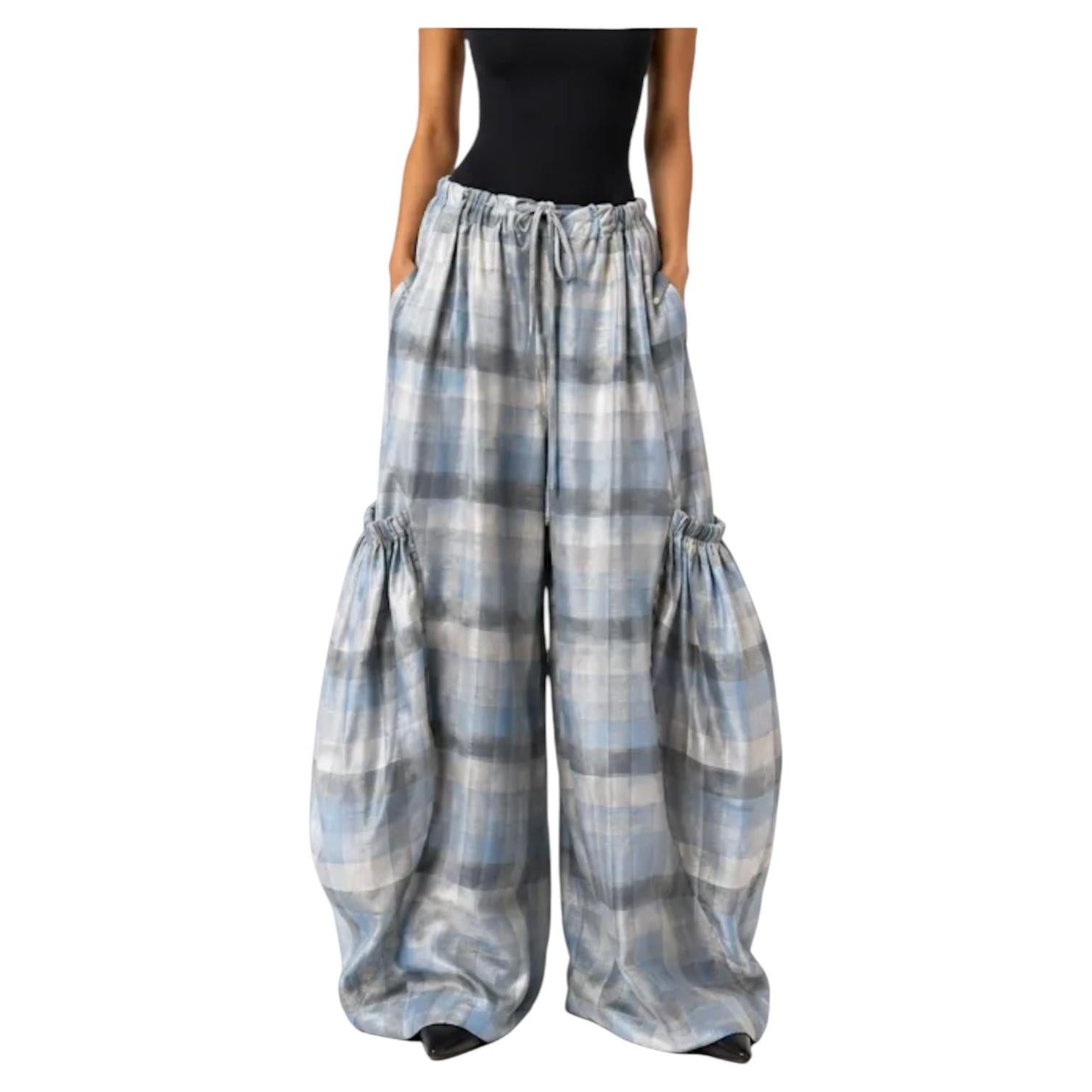 MC Blue & Grey Silk Geometrical Square Rave pants For Sale
