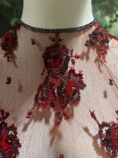 1990s Black, Red & Purple Chantilly Lace Silk Lined Beaded Dress