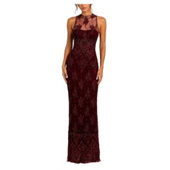 1990s Black, Red & Purple Chantilly Lace Silk Lined Beaded Dress