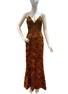 1990s Gold Metallic Floral Textured Silk Lined Spaghetti Strap Dress