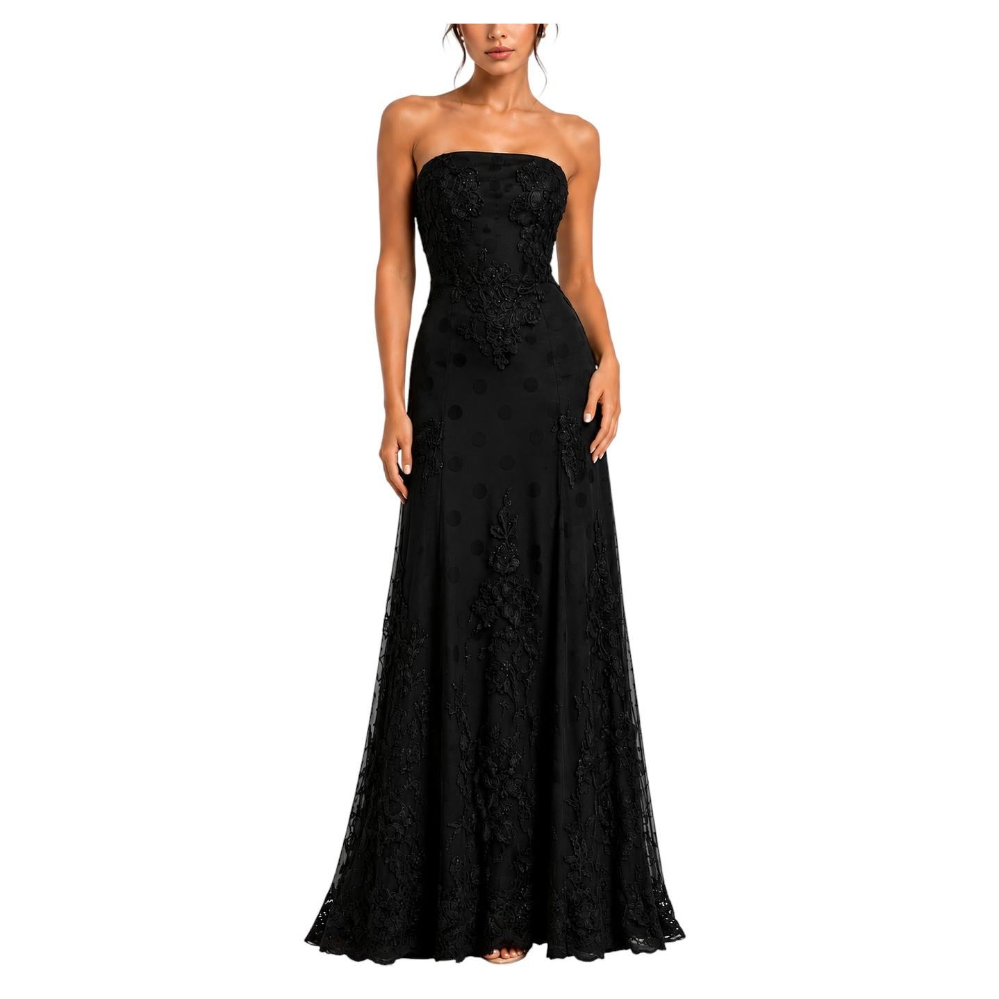 1990s Black Lace Floral Applique & Polka Dot Strapless Lined Dress