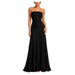 1990s Black Lace Floral Applique & Polka Dot Strapless Lined Dress
