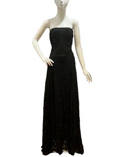 1990s Black Lace Floral Applique & Polka Dot Strapless Lined Dress
