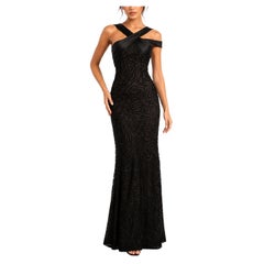 1990s Black Cross Straps Silk Lined Swirl Texture Dress with Lace Accent