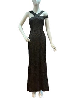 1990s Black Cross Straps Silk Lined Swirl Texture Dress with Lace Accent