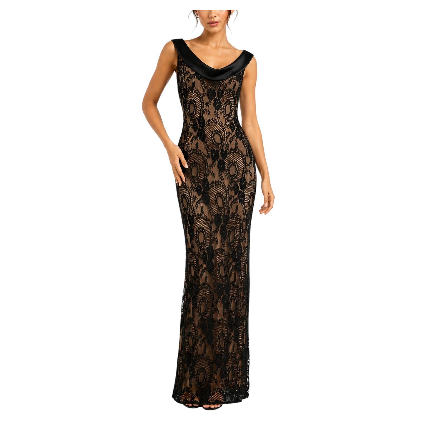 1990s Black & Nude Net Floral Beaded Silk Lined Dress