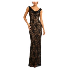 1990s Black & Nude Net Floral Beaded Silk Lined Dress