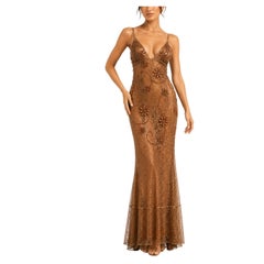 Kleid aus den 1990er Jahren in Kupfer und Beige, aus Spitze, mit Seidenfutter und Blumenstickerei