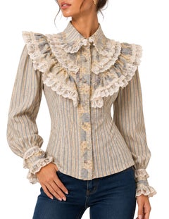 MC Floral Western with Vintage Lace Ruffles Cotton Shirt