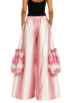 Pantalon de rave à rayures en soie rose, vert et crème de la marque MC