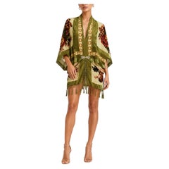 MA Olive Green Floral Silk Burnout Velvet Cocoon With Beaded Fringe