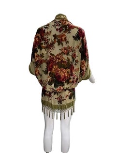 MA Olive Green Floral Silk Burnout Velvet Cocoon With Beaded Fringe