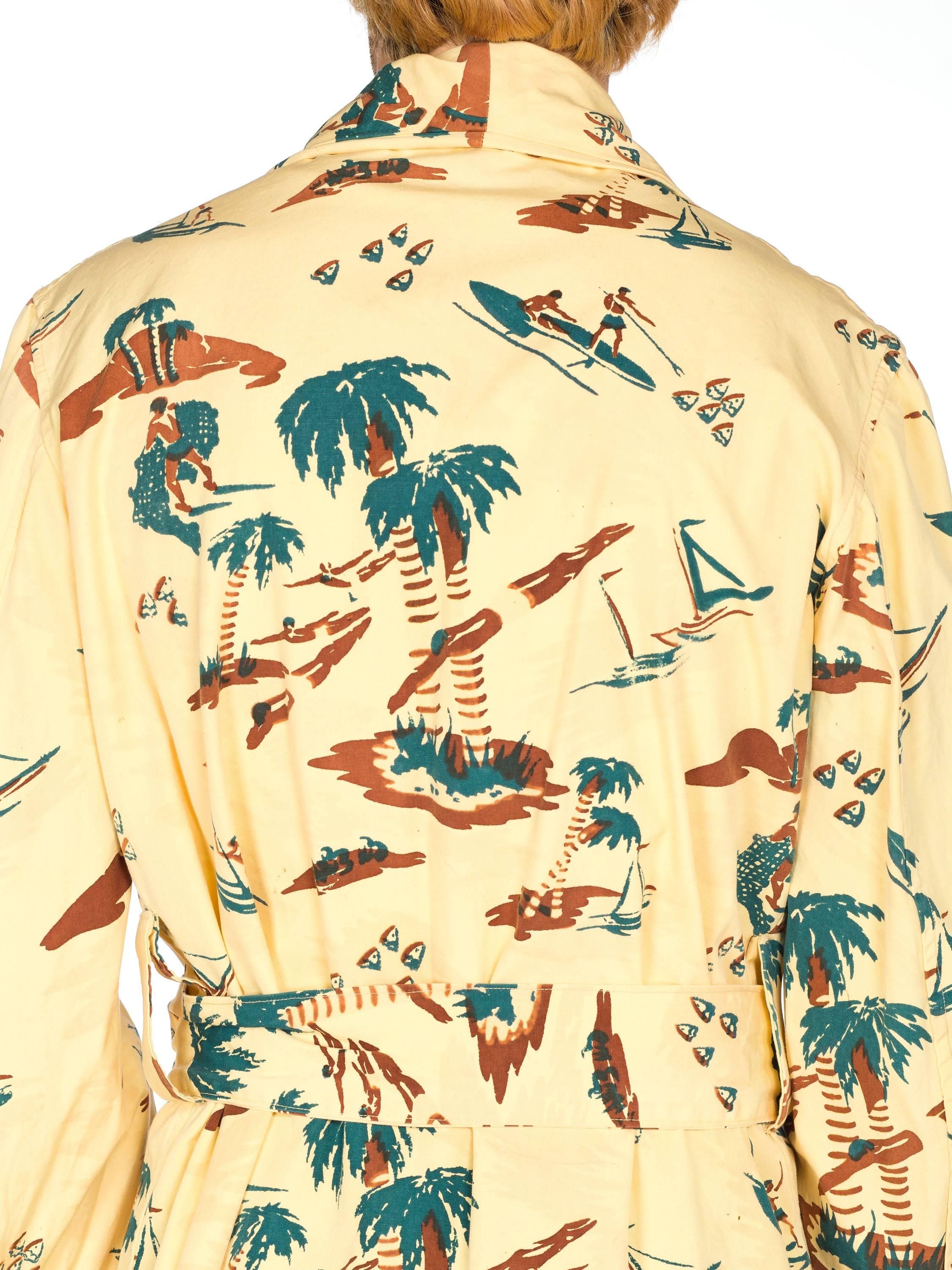 1940S Pale Yellow Cotton Rare Hawaiian Tropical Print Surfer Robe 12