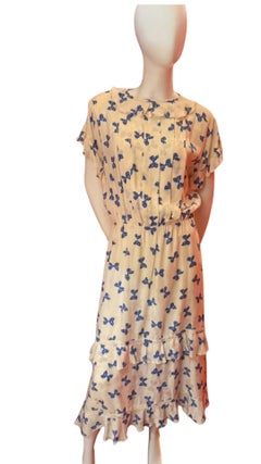 1980s CHLOE White & Blue Bow Print Short Sleeve Dress