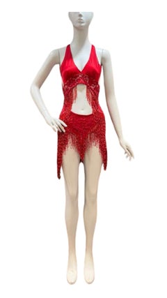 MA Red beaded Silk lace Cocktail Dress with fringe