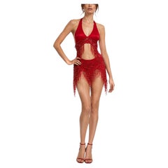 MA Red beaded Silk lace Cocktail Dress with fringe