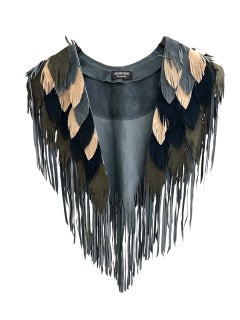 MORPHEW COLLECTION Blue Jay indigo Suede Fringe Feather Leather Cape