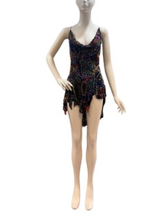 Robe de cocktail Morphew Collection, en mousseline de soie noire multicolore, ornée de perles et doublée