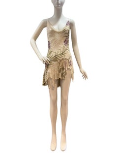 Morphew Collection Cream, Green & Purple Silk Chiffon Floral Beaded Lined dress