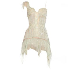 2000S Roberto Cavalli Lime Green Silk Chiffon Corset Draped Beaded Fringe "Sex 