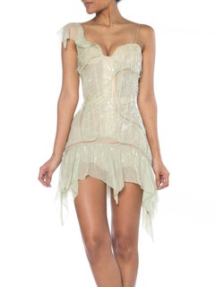 2000S Roberto Cavalli Lime Green Silk Chiffon Corset Draped Beaded Fringe "Sex