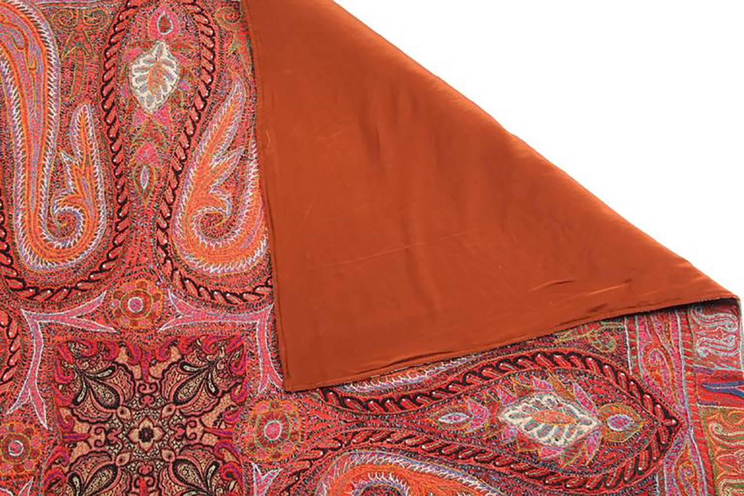 Antique Indian Embroidered Paisley Shawl Blanket, backed in modern silk. Can be worn as a shawl or used as a decorative throw blanket. 