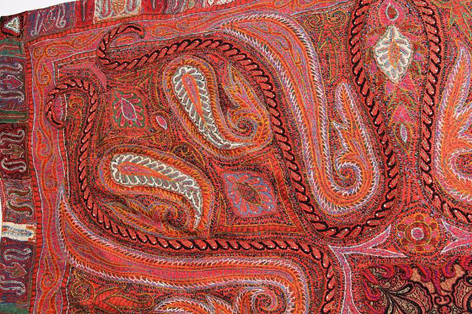 Brown Antique Indian Embroidered Paisley Shawl Blanket