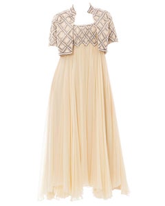 1960S Cream Beaded Silk Chiffon Empire Waist Gown With Matching Evening Bolero