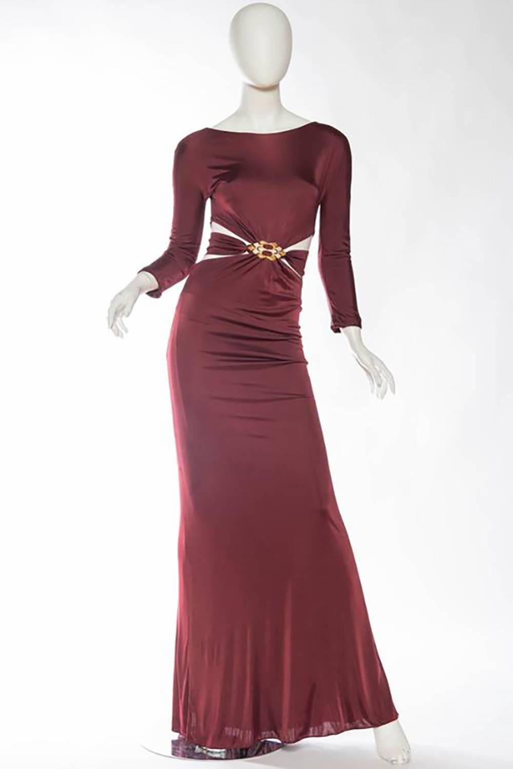 2000S ROBERTO CAVALLI Burgundy Rayon Jersey Long Sleeve Side Cut-Out Gown With Gold & Crystal Buckle