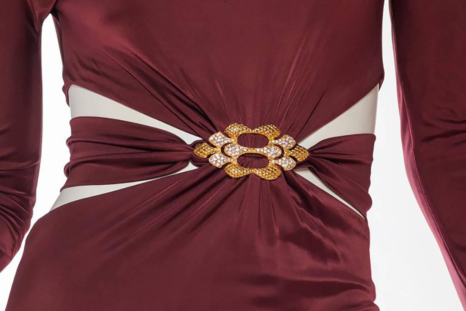 2000S ROBERTO CAVALLI Burgundy Rayon Jersey Long Sleeve Side Cut-Out Gown With  In Excellent Condition In New York, NY