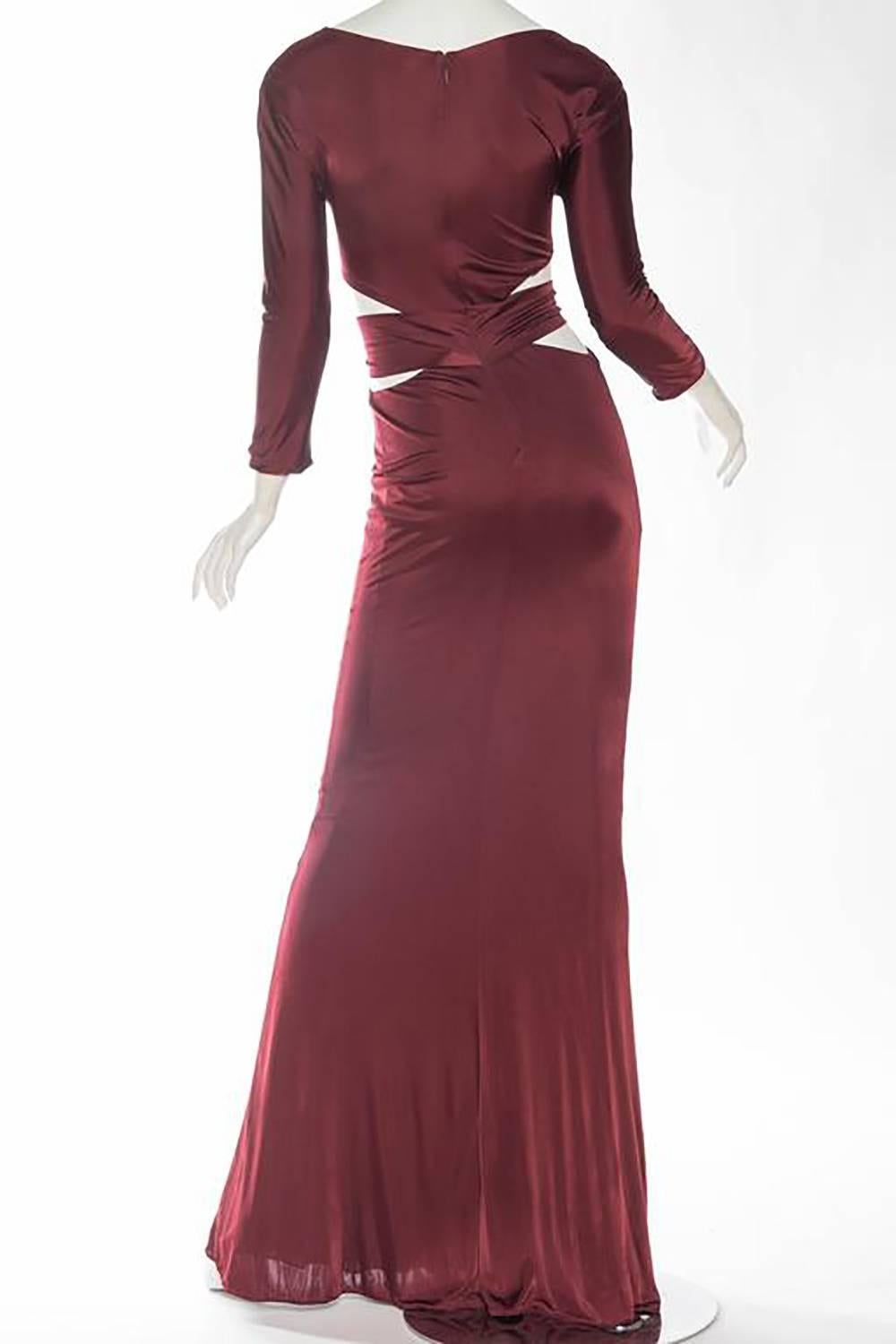 Brown 2000S ROBERTO CAVALLI Burgundy Rayon Jersey Long Sleeve Side Cut-Out Gown With 
