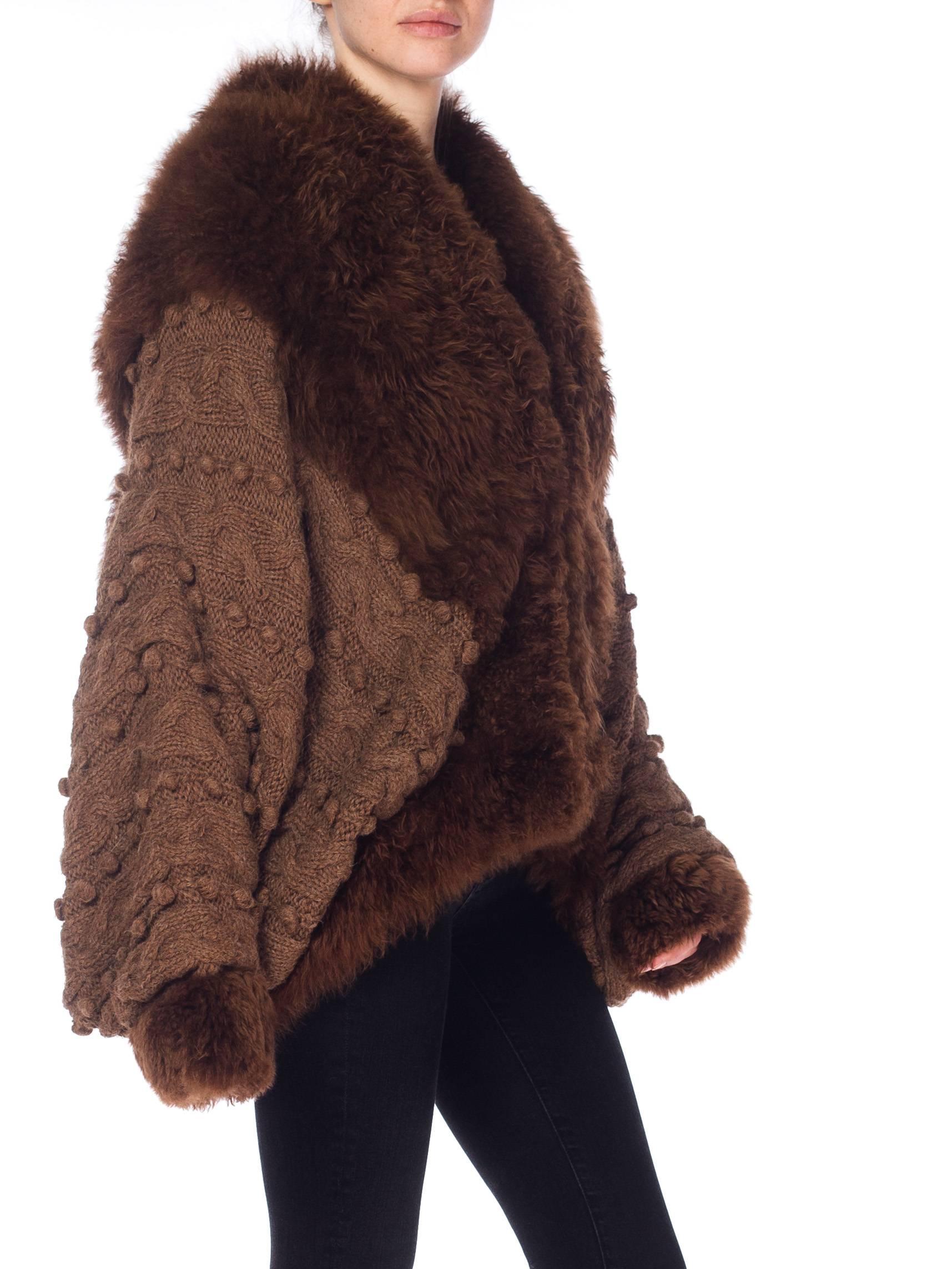 Women's or Men's 1980S Brown Fox Fur And Dolman Sleeve Sweater Coat