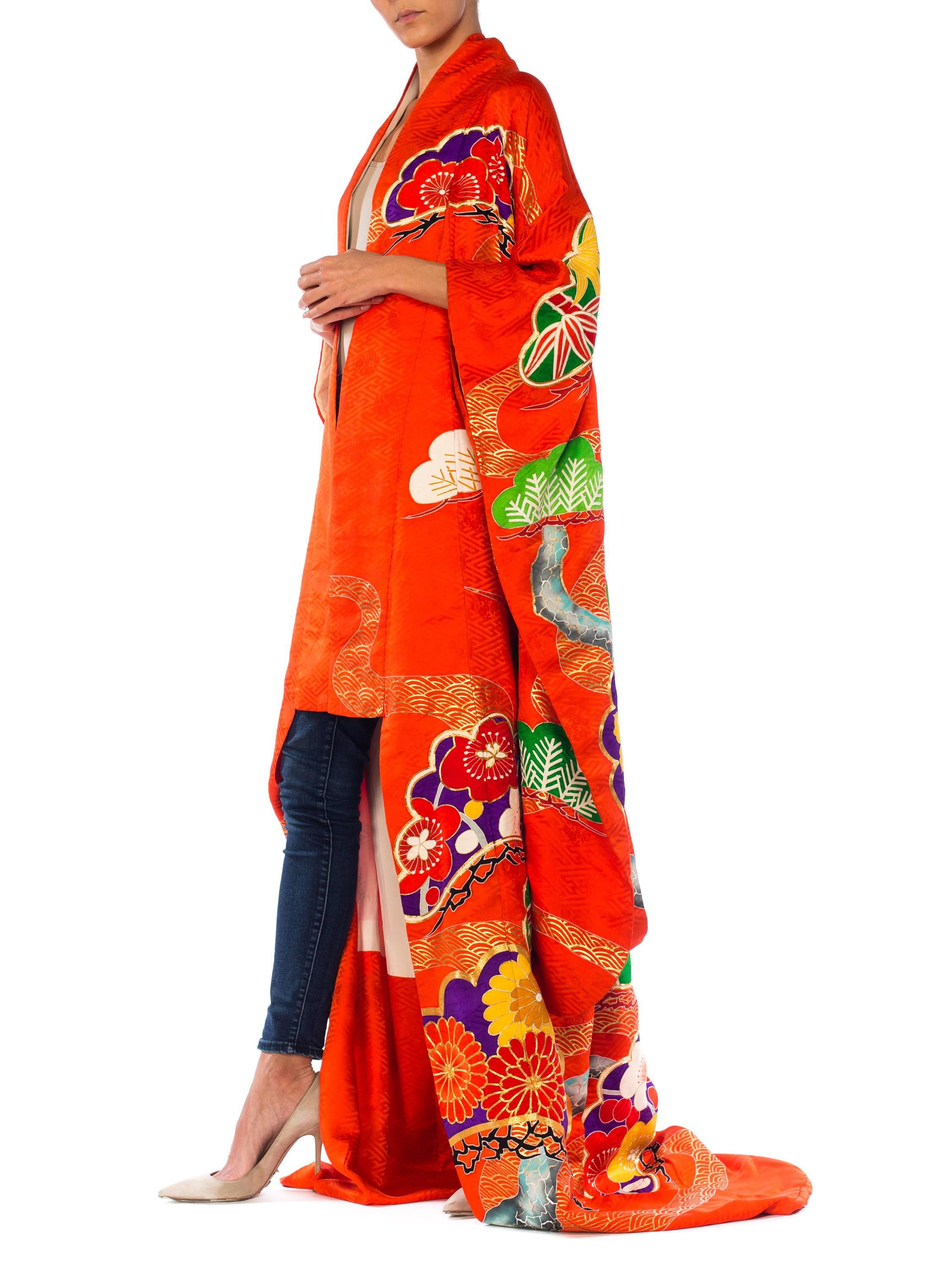 Women's 1960S Red Silk Orange Metallic Embroidered Bamboo Floral Long  Kimono For Sale