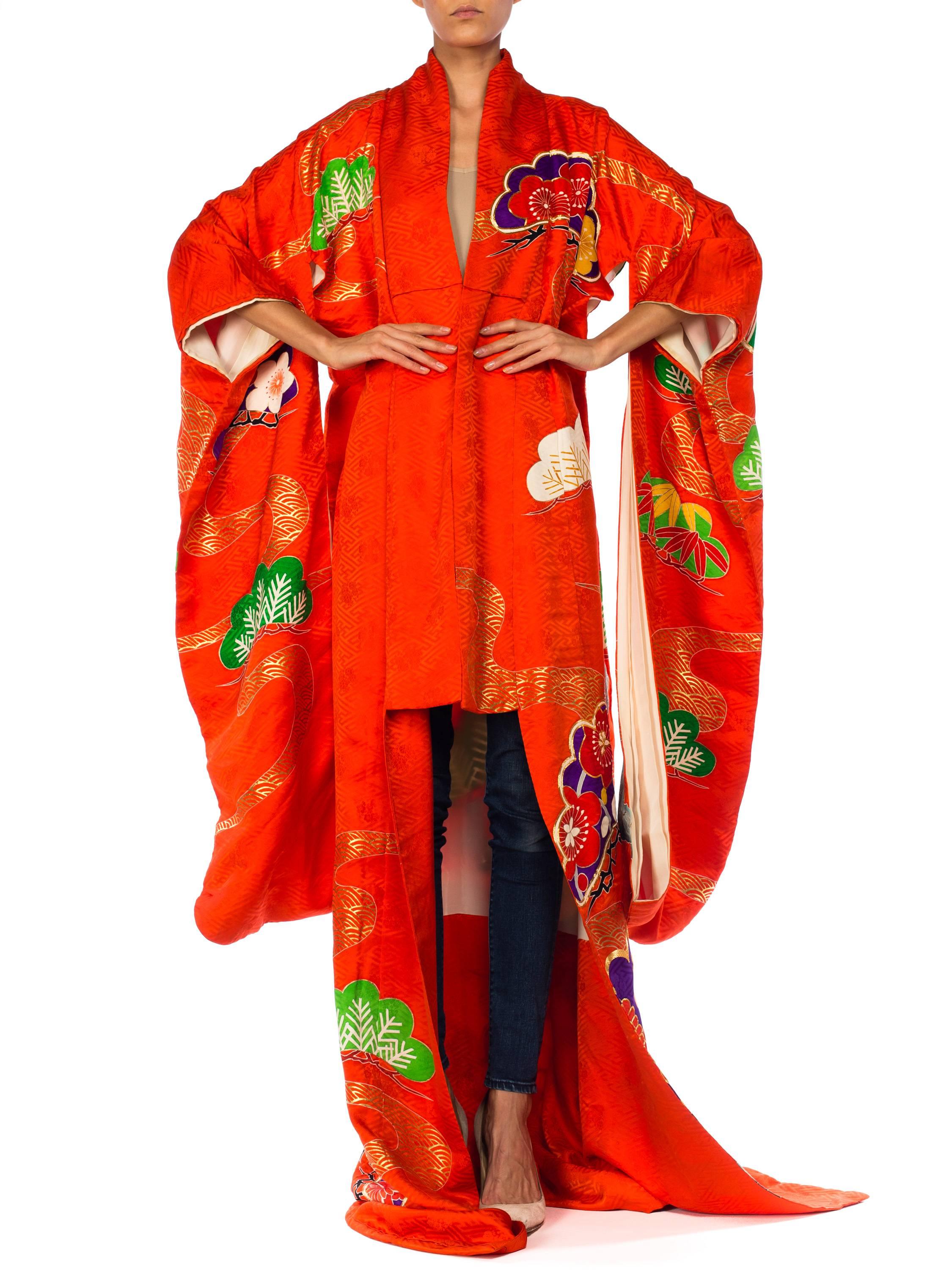 1960S Red Silk Orange Metallic Embroidered Bamboo Floral Long  Kimono For Sale 1