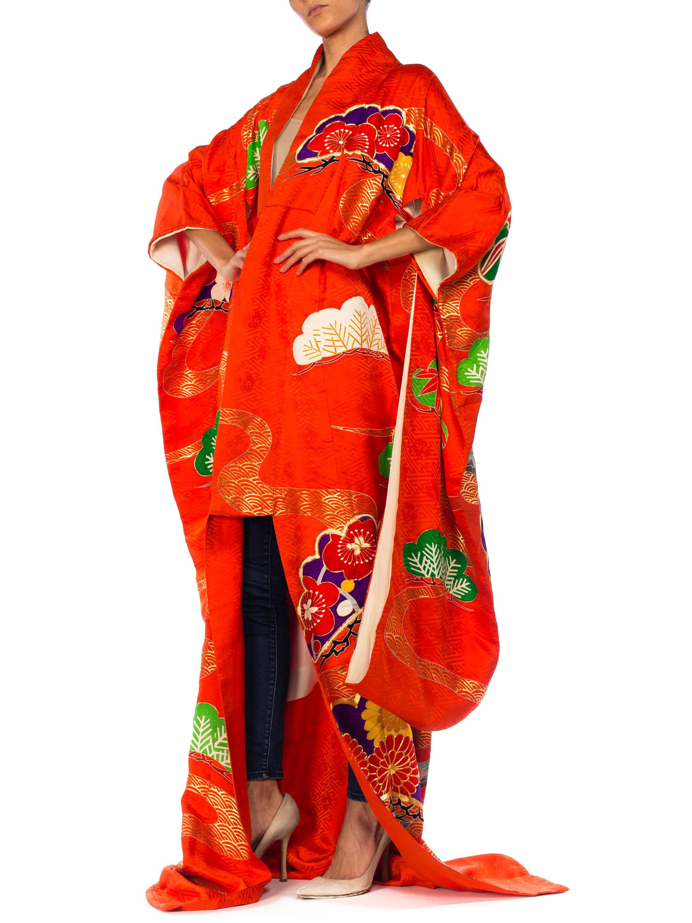 1960S Red Silk Orange Metallic Embroidered Bamboo Floral Long  Kimono For Sale 2