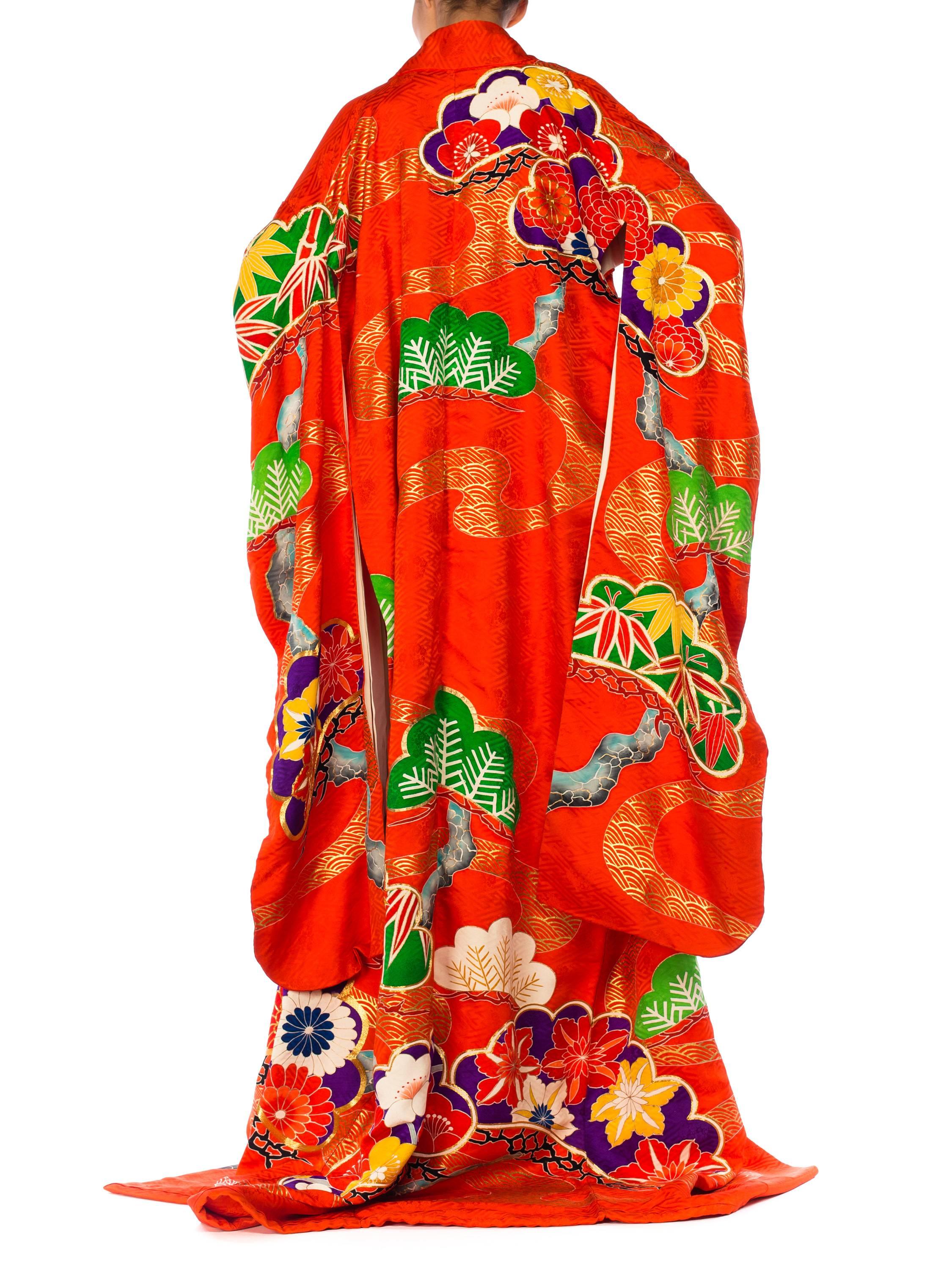 1960S Red Silk Orange Metallic Embroidered Bamboo Floral Long  Kimono For Sale 3