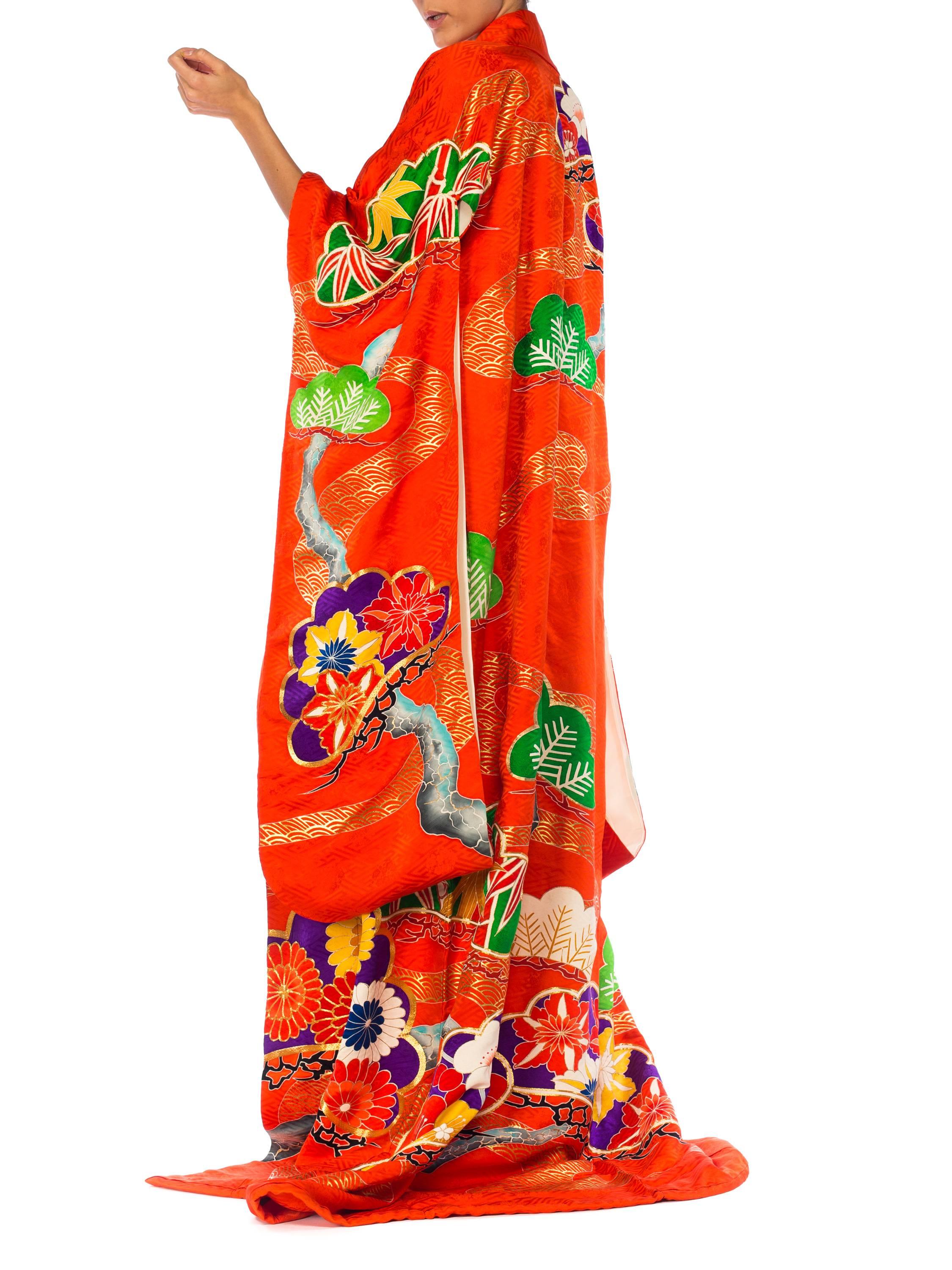 1960S Red Silk Orange Metallic Embroidered Bamboo Floral Long  Kimono For Sale 4