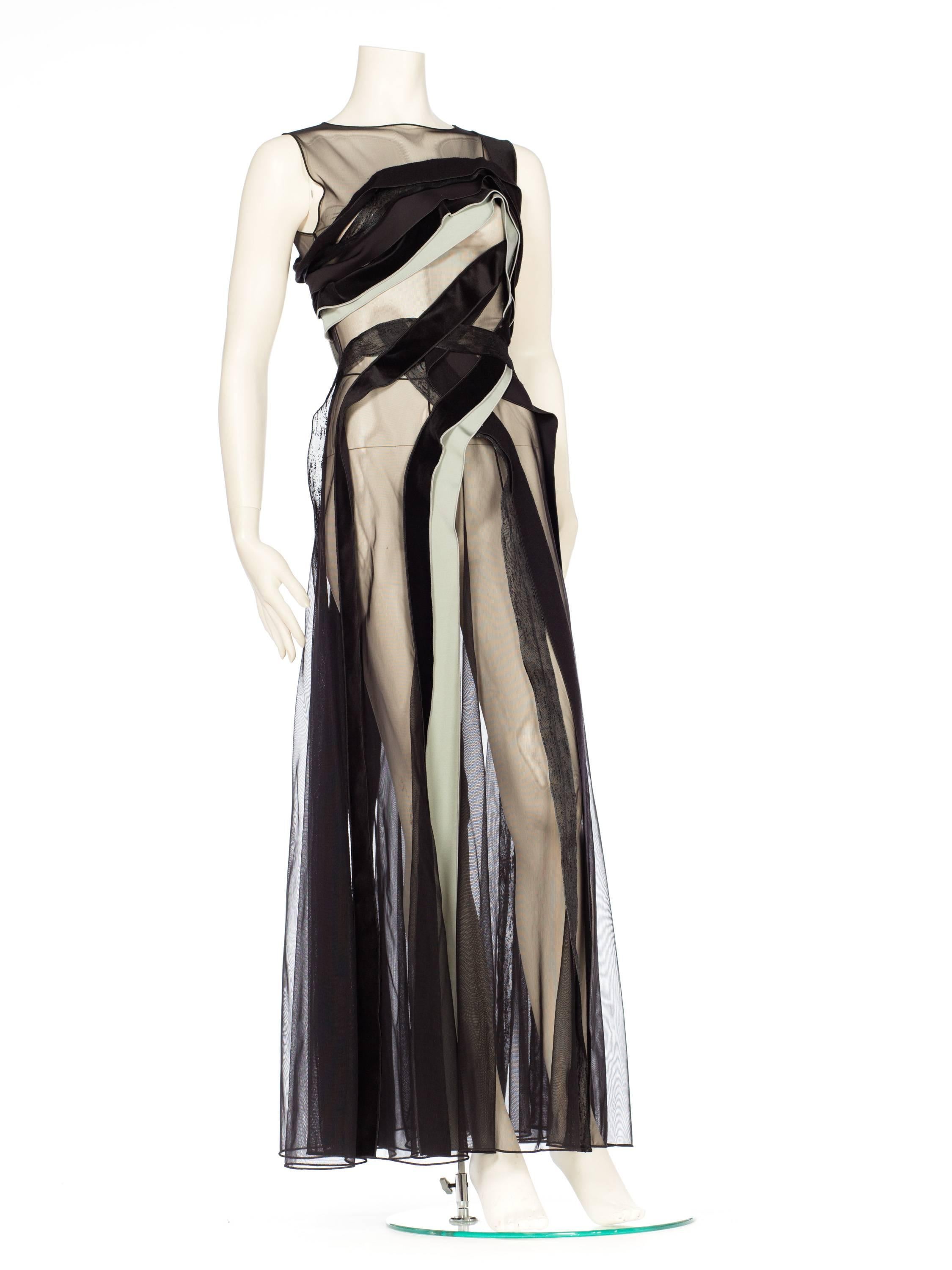 Giorgio Armani Sheer Mesh Velvet Ribbon Evening Gown In Excellent Condition In New York, NY
