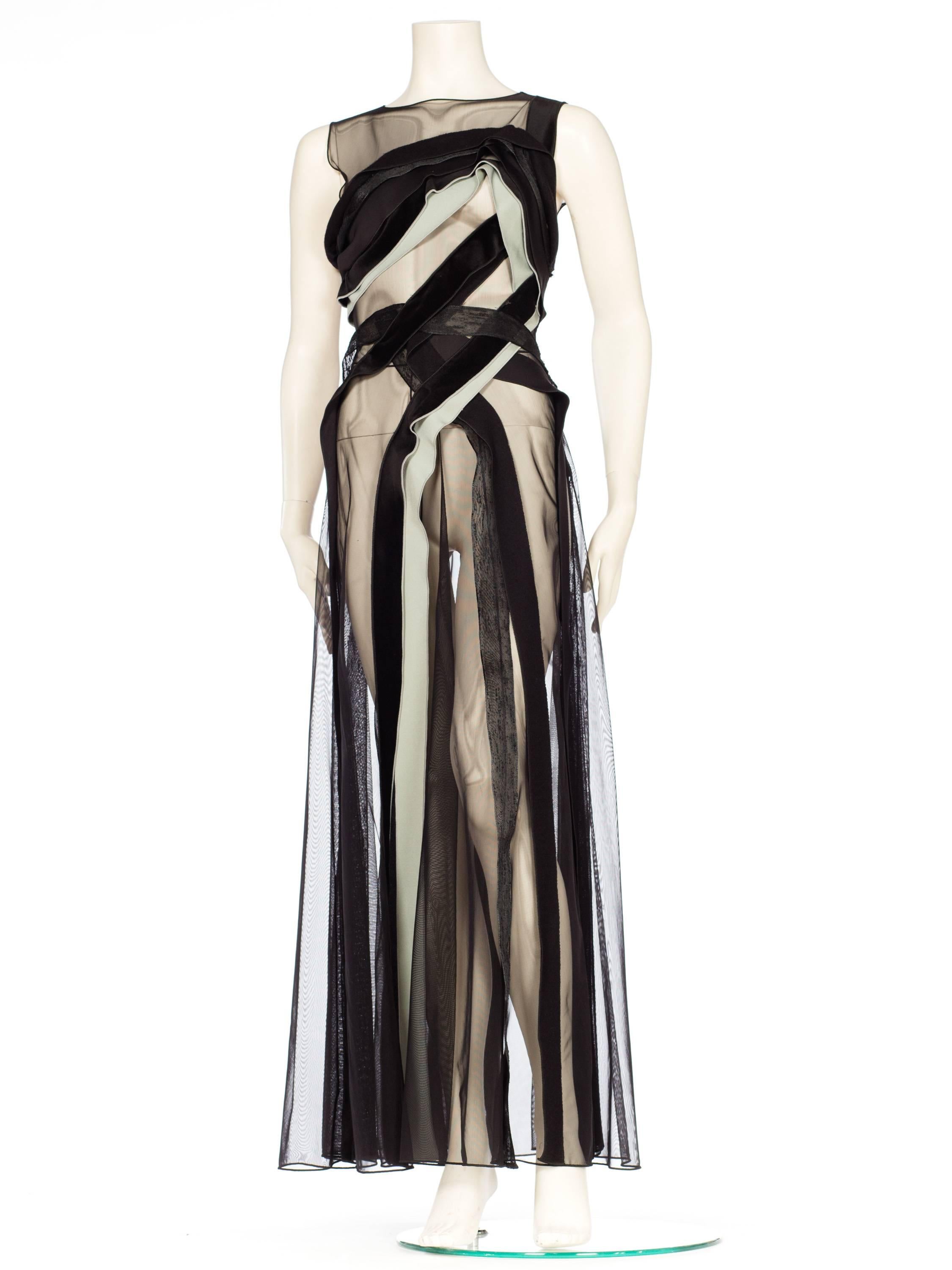 Women's Giorgio Armani Sheer Mesh Velvet Ribbon Evening Gown