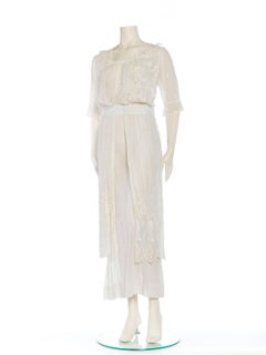 Edwardian White Embroidered Cotton Voile Tea Dress With Sleeves