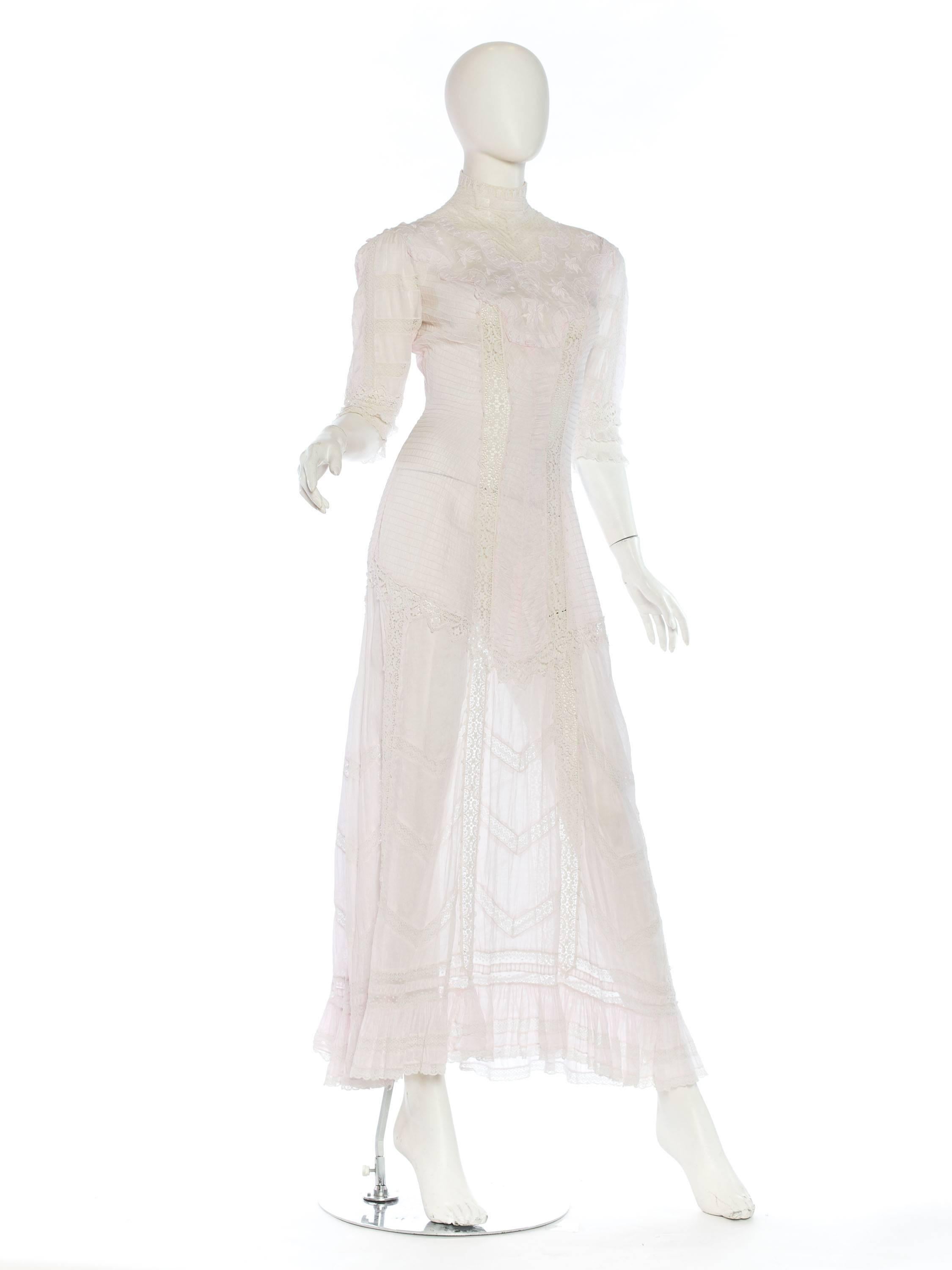 Gray Belle Epoque Swan Neck Princess Line Victorian Organic Cotton and Lace Tea Dress