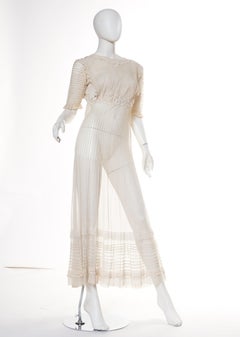 Edwardian Beige Cotton Tulle Exquisite Pintucked Dress With Heavy Lace Trim