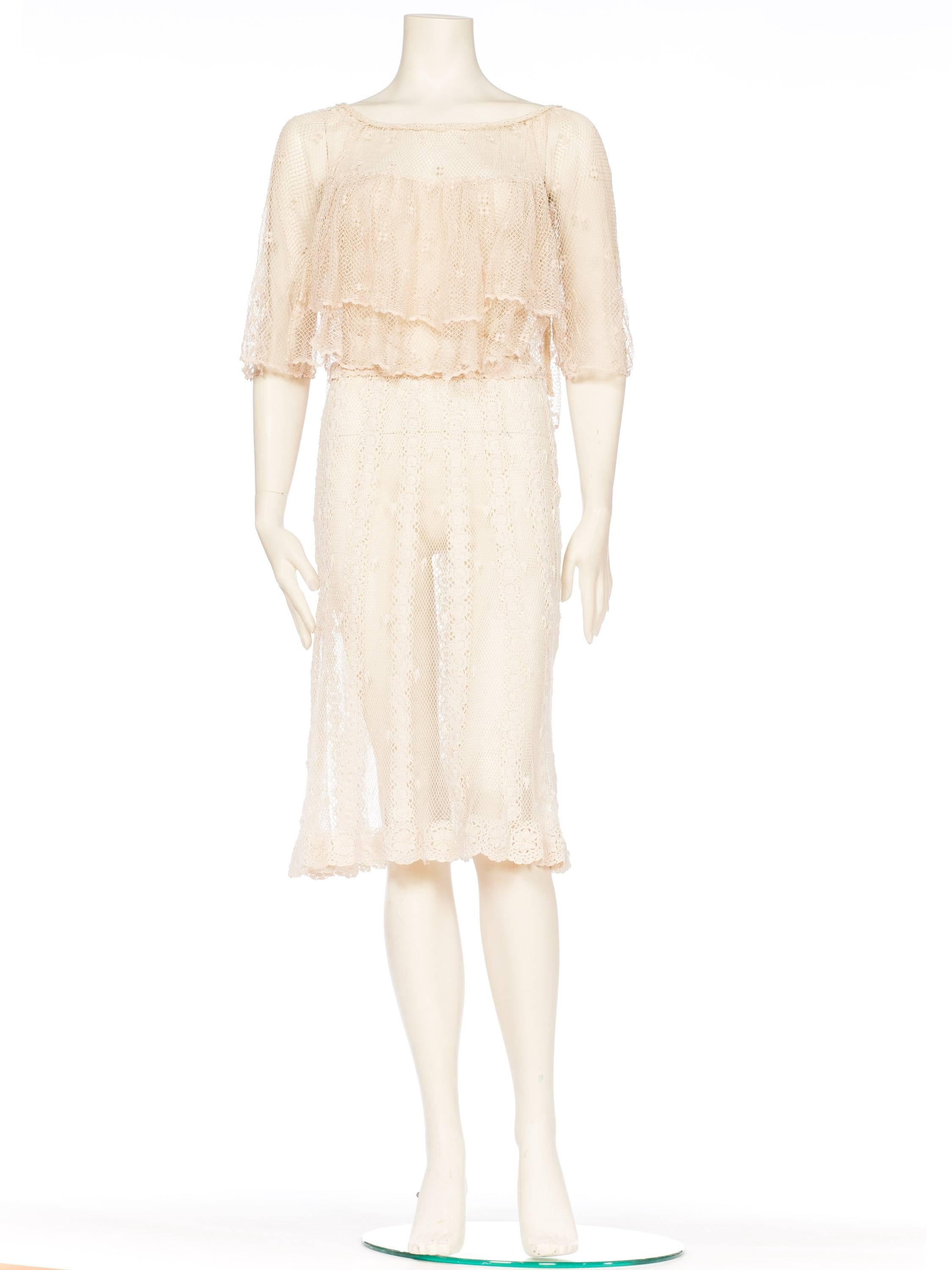 Beige 1980s Hand Crocheted Boho Short Sleeve Net Cotton Dress