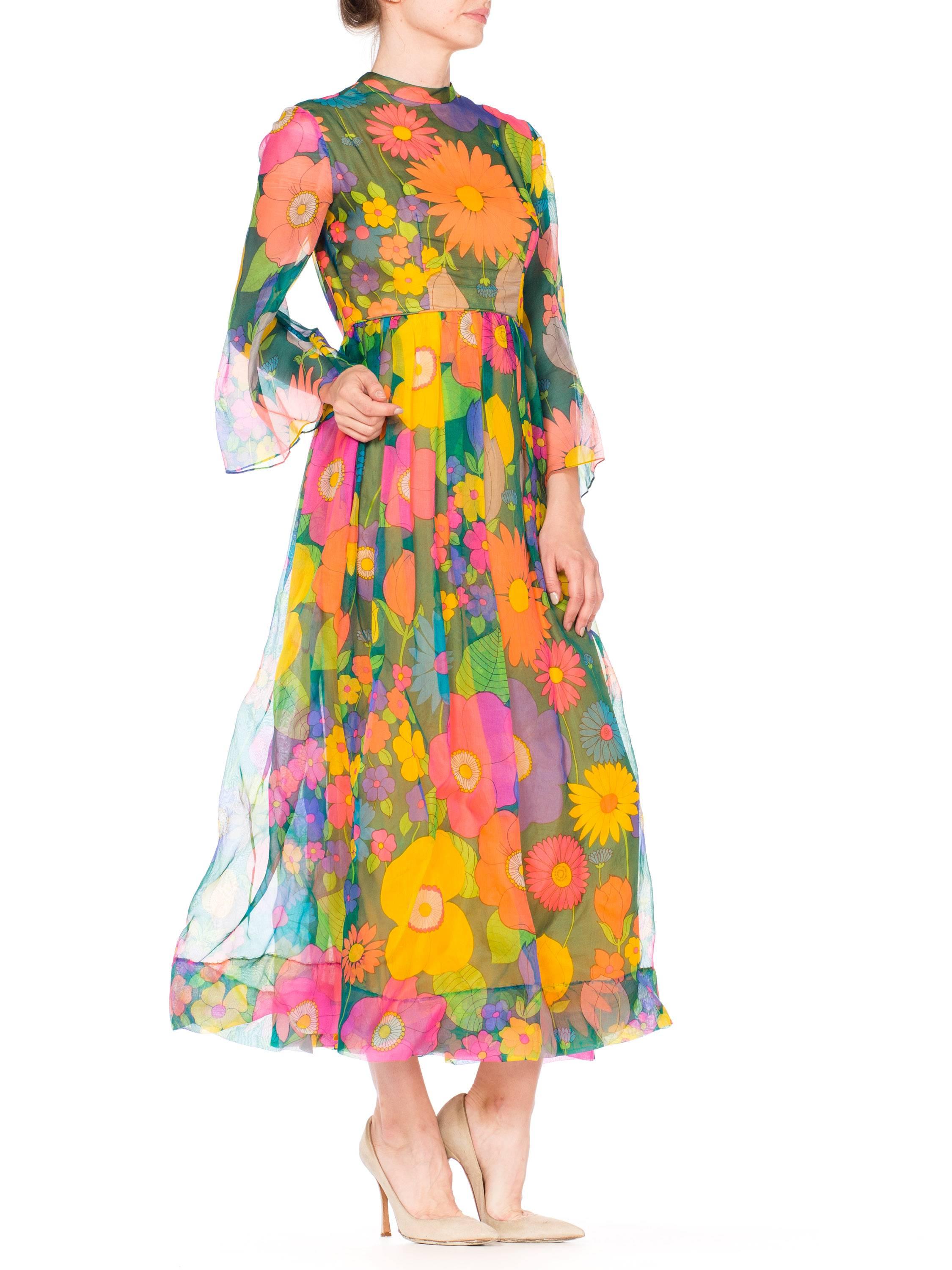 1960s 1970s Floral Print Dress with Bell Sleeves 2