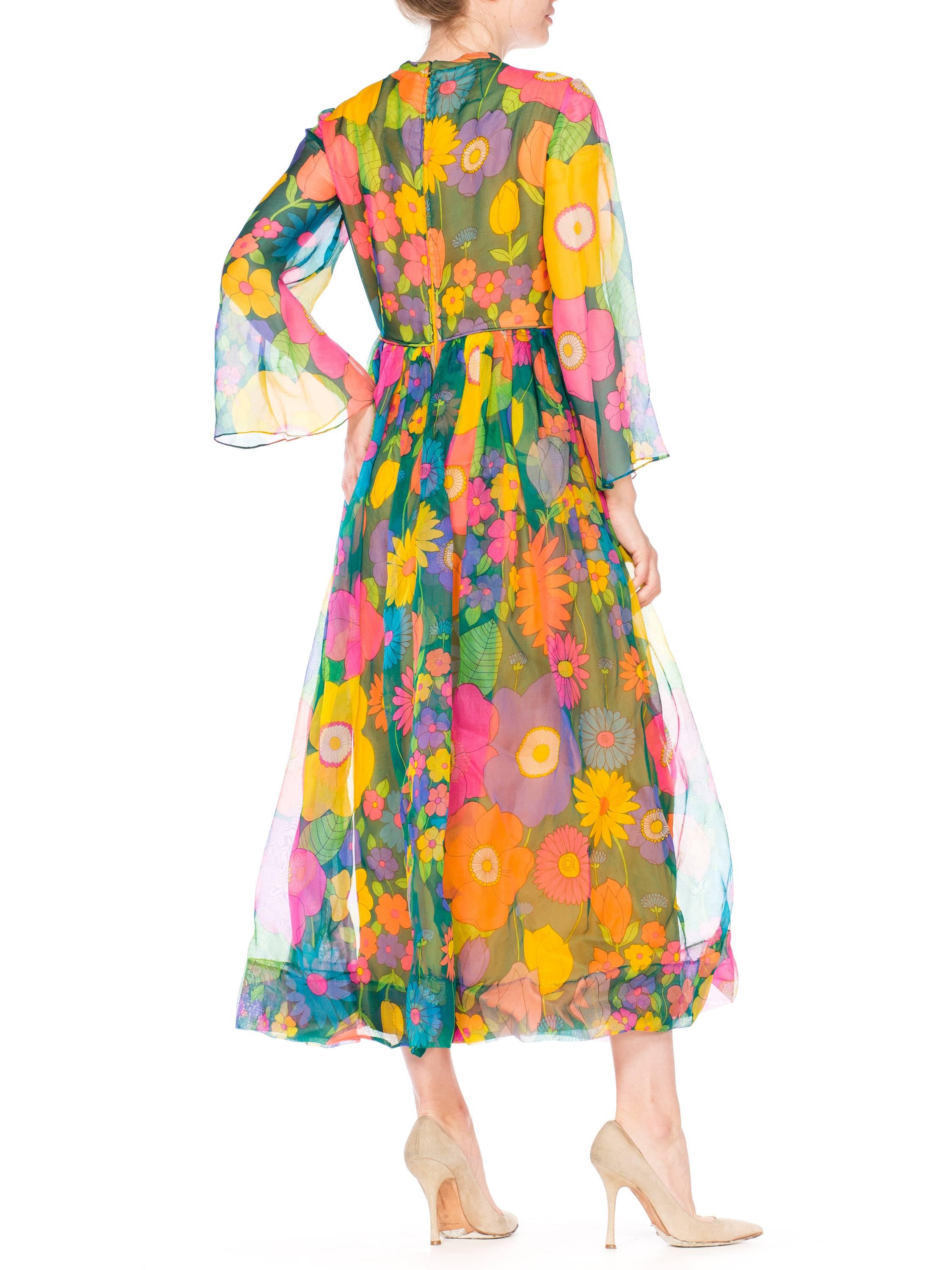1960s 1970s Floral Print Dress with Bell Sleeves 3