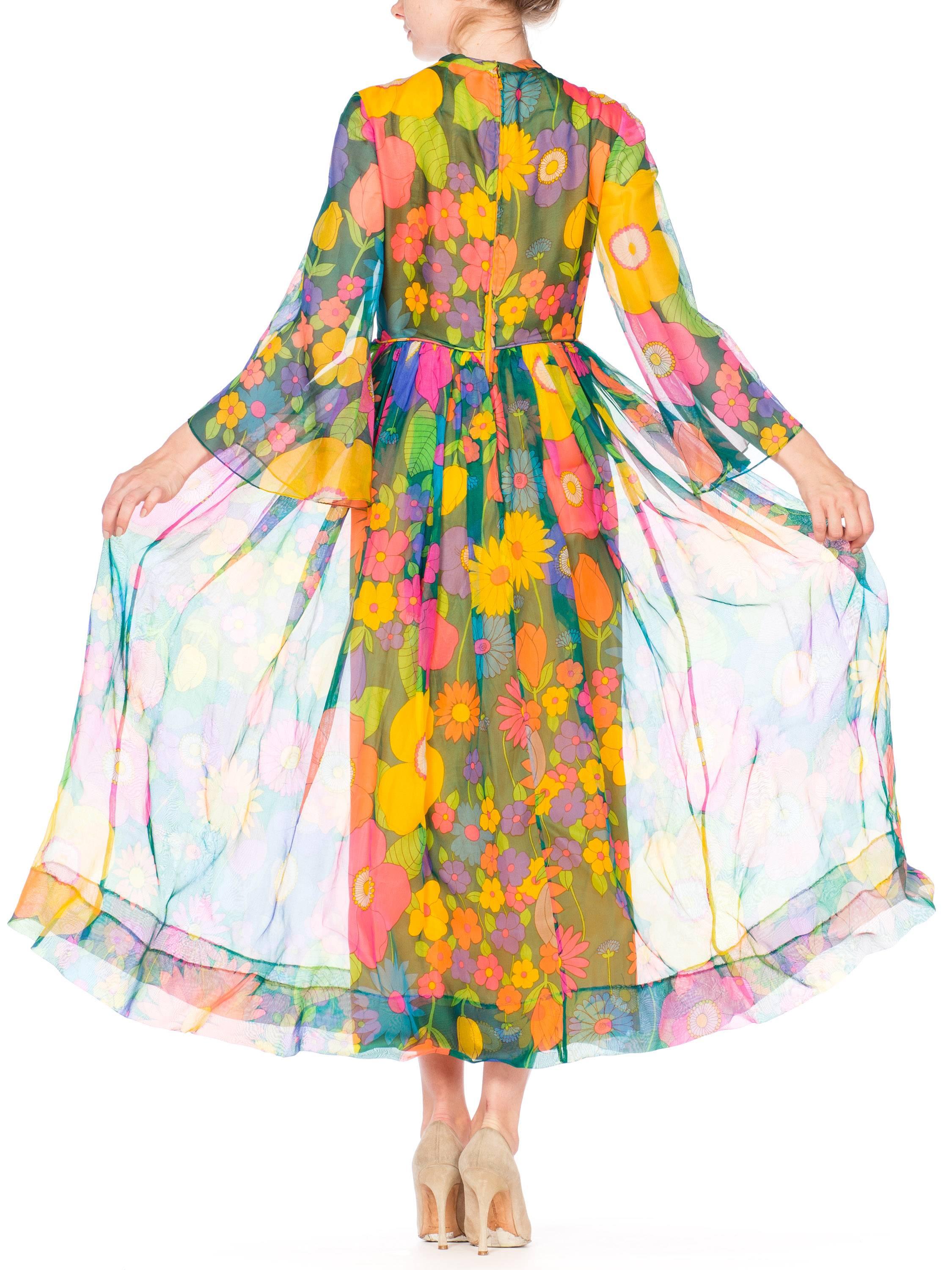 1960s 1970s Floral Print Dress with Bell Sleeves 4